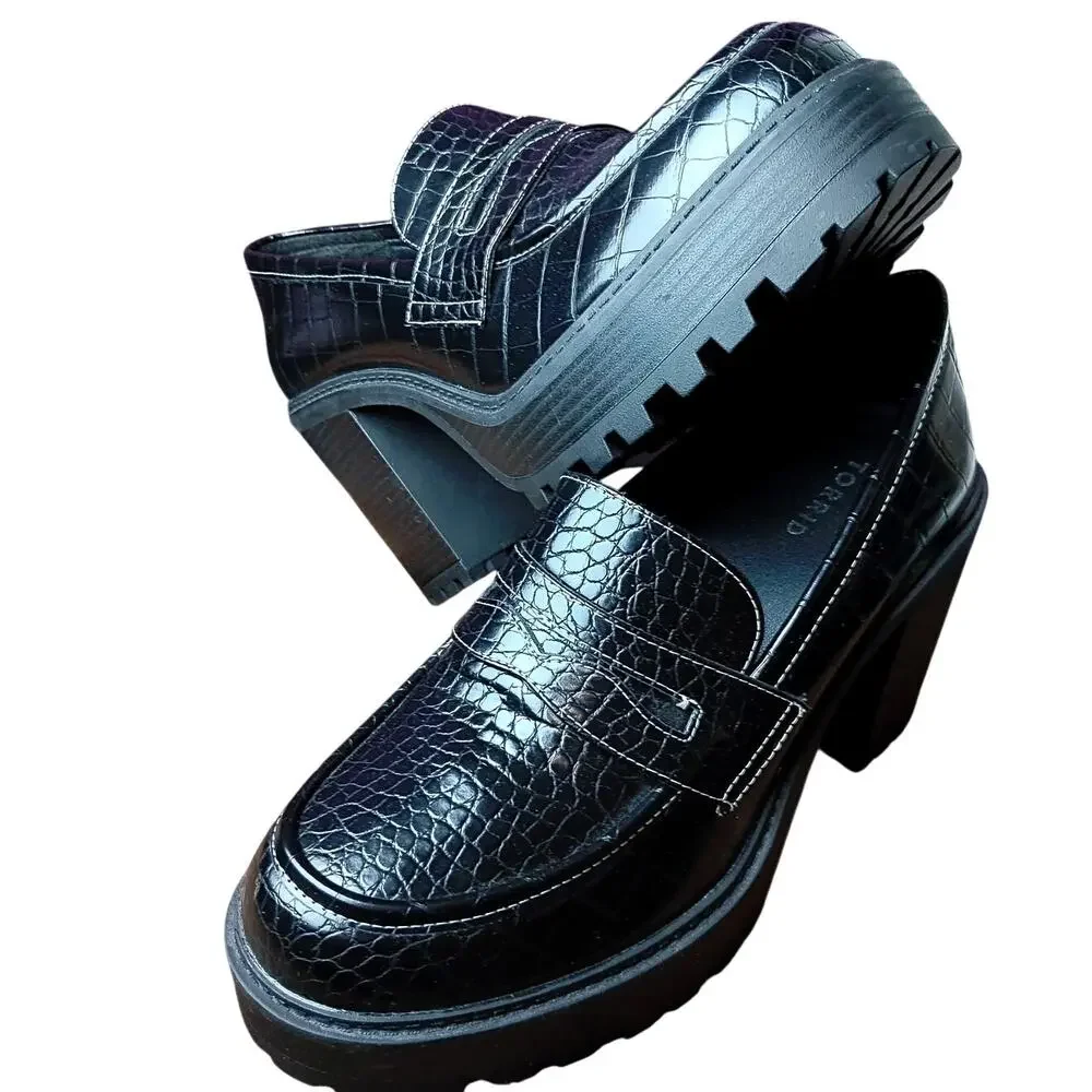 Torrid Croco Platform Heeled Loafers Womens 11.5 WW Black Chunky Goth Schoolgirl
